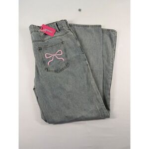 Edikted Light Blue Wide Leg Jeans Pink Bow Detail Women's XL NWT